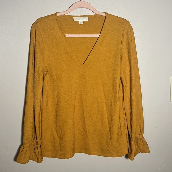 Michael Kors Marigold Mustard V Neck Bell Sleeve Top | Small - Picture 2 of 4